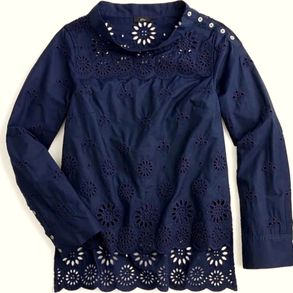 J. Crew Funnel Neck Eyelet Top Blouse Navy Blue Size 8
